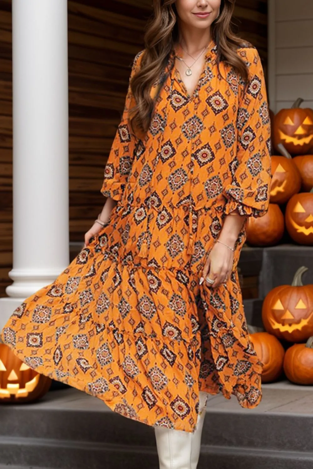 🌼 Frill Printed Tie Neck Long Sleeve Dress 🌼