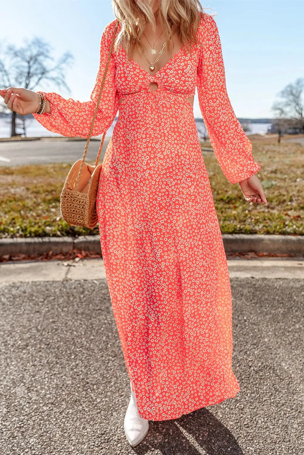 🌼 Printed V-Neck Long Sleeve Midi Dress 🌼