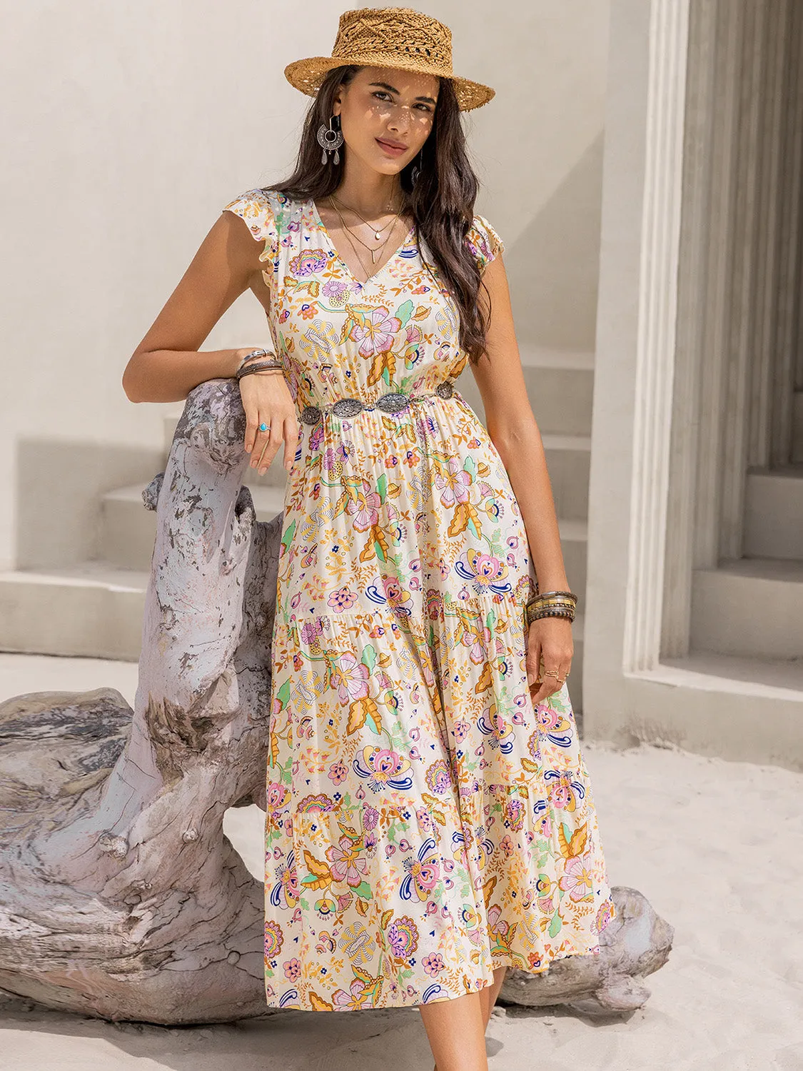 🌼 Ruched Printed Cap Sleeve Midi Dress 🌼