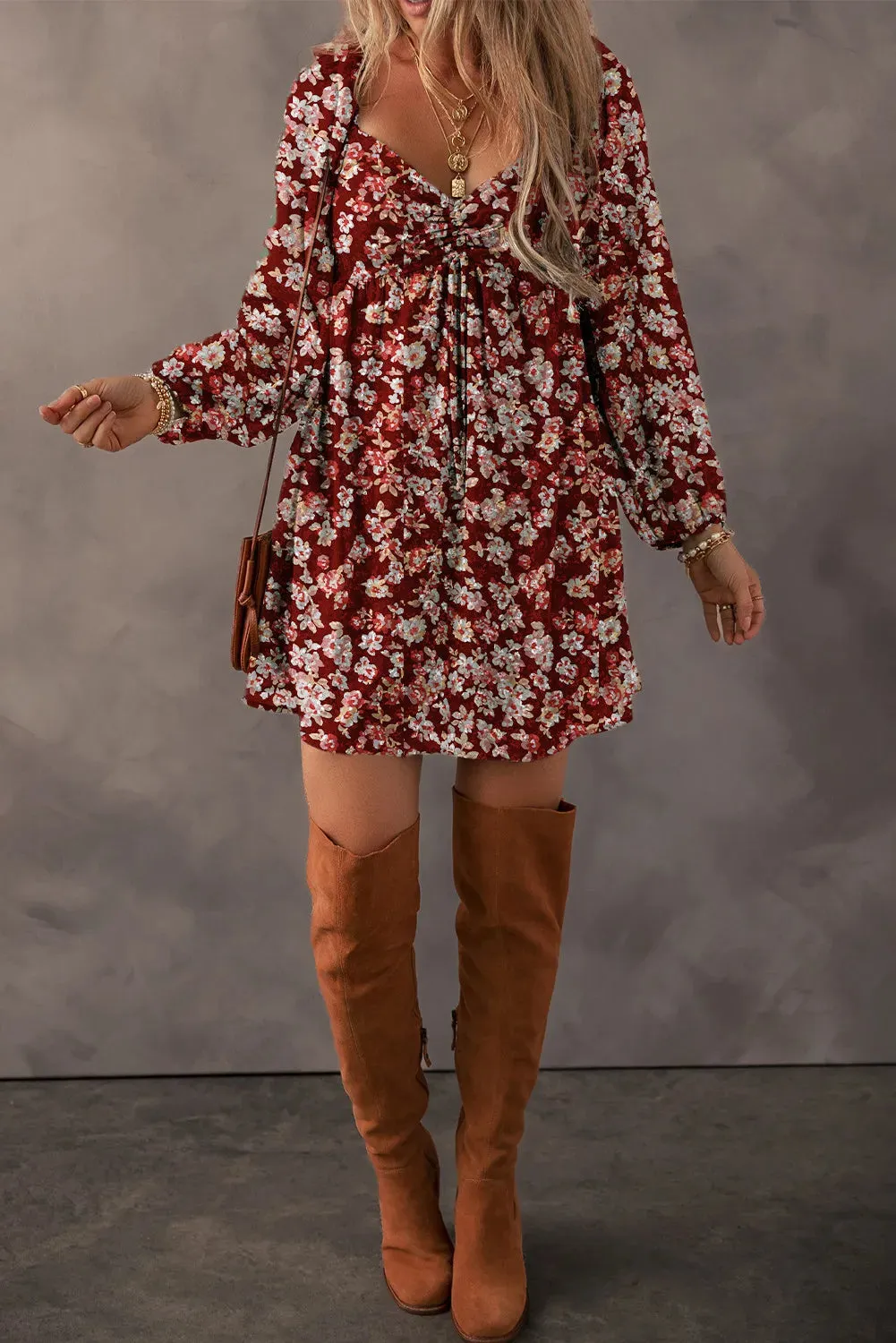 🌸 Ruched Printed Long Sleeve Mini Dress 🌸