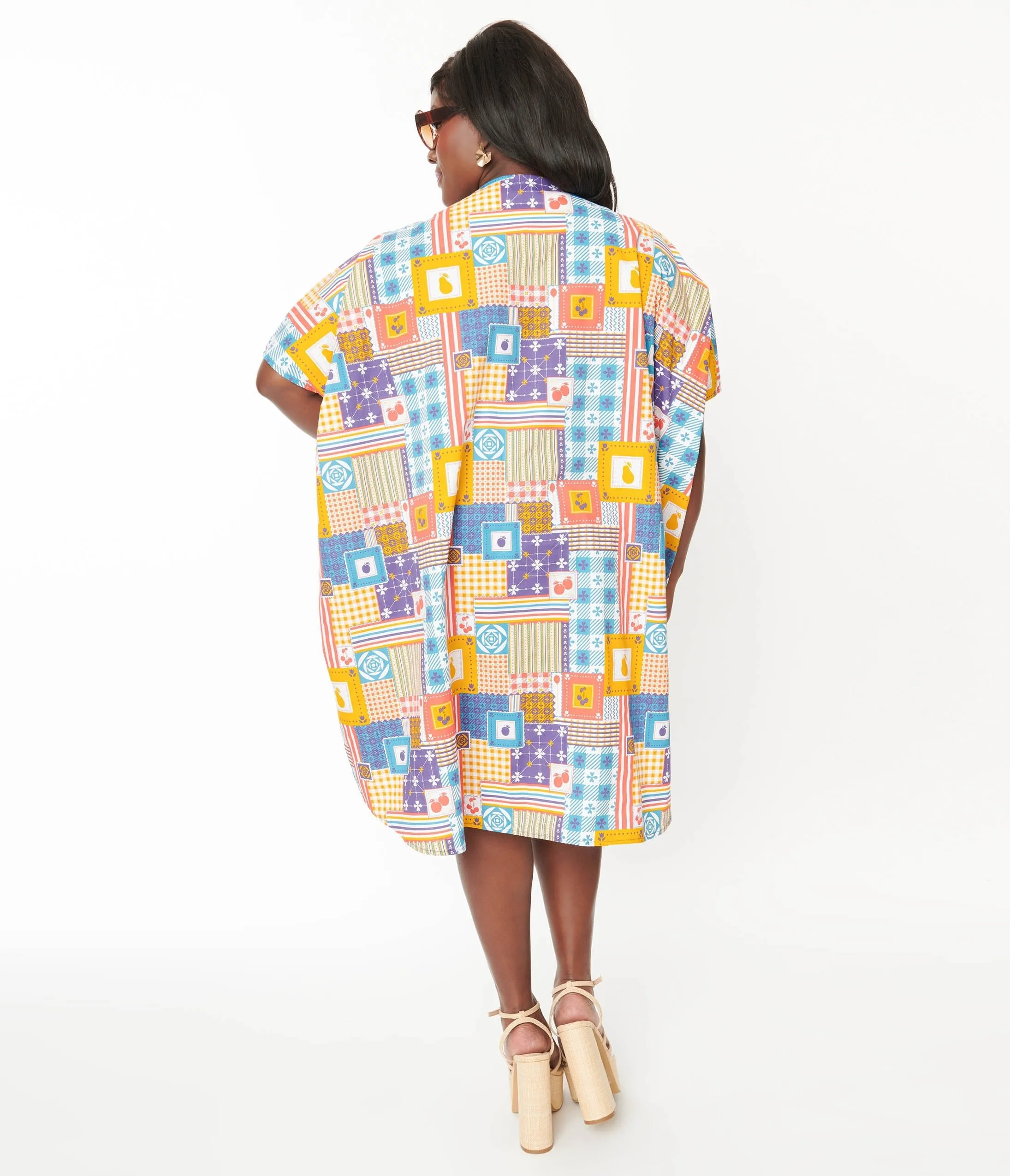 1970s Multicolor Patchwork Print Midi Caftan