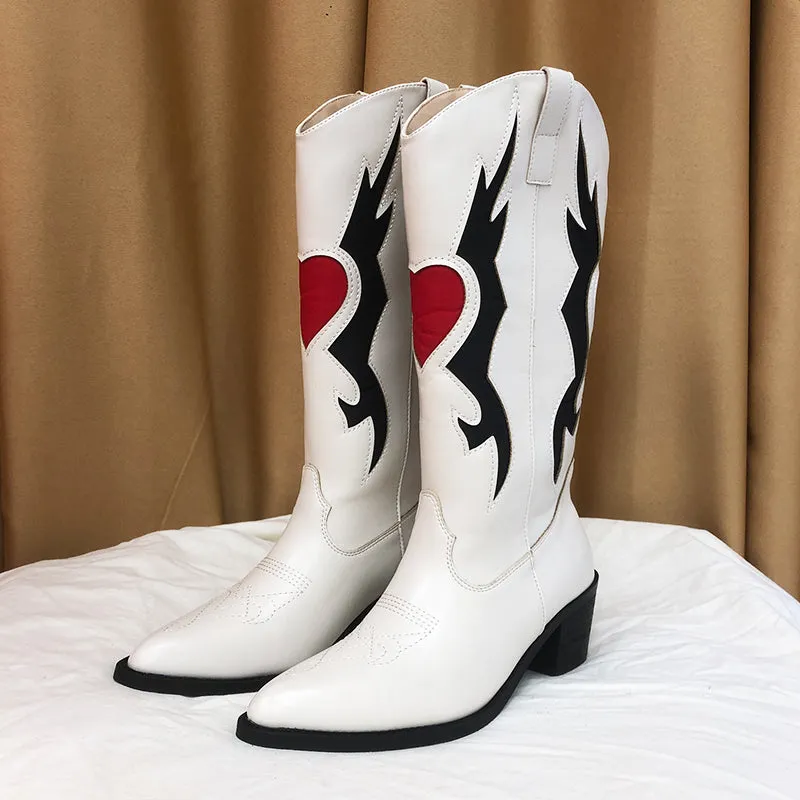 2025 new High Quality pointed toe thick heel color matching embroidery Cowgirl Boots