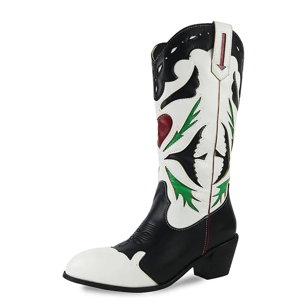 2025 new High Quality pointed toe thick heel color matching embroidery Cowgirl Boots