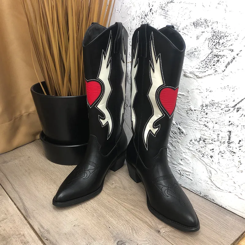 2025 new High Quality pointed toe thick heel color matching embroidery Cowgirl Boots