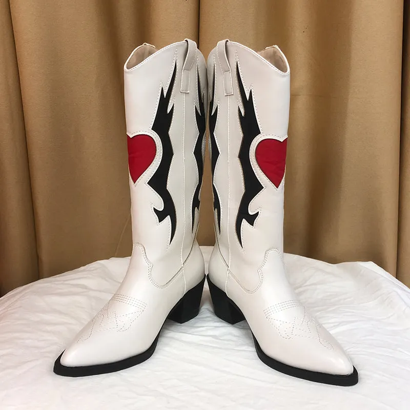 2025 new High Quality pointed toe thick heel color matching embroidery Cowgirl Boots