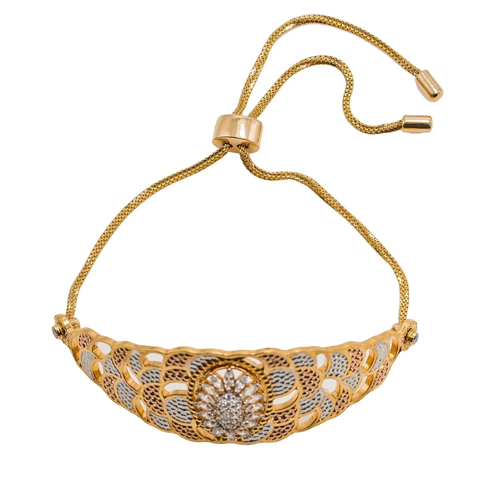 22K Multi Tone Gold Bracelet W/ CZ Gems, Overlay Petals & Drawstring Closure