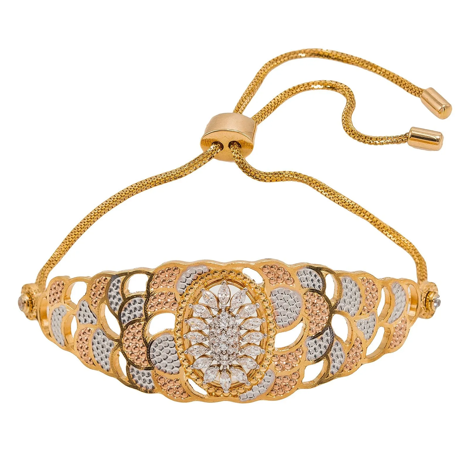 22K Multi Tone Gold Bracelet W/ CZ Gems, Overlay Petals & Drawstring Closure