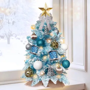 2ft Mini Christmas Tree With Light Artificial Small Table Blue Christmas Decoration With Flocked Snow, Exquisite Decor & Xmas Ornaments For Table Top For Home & Office