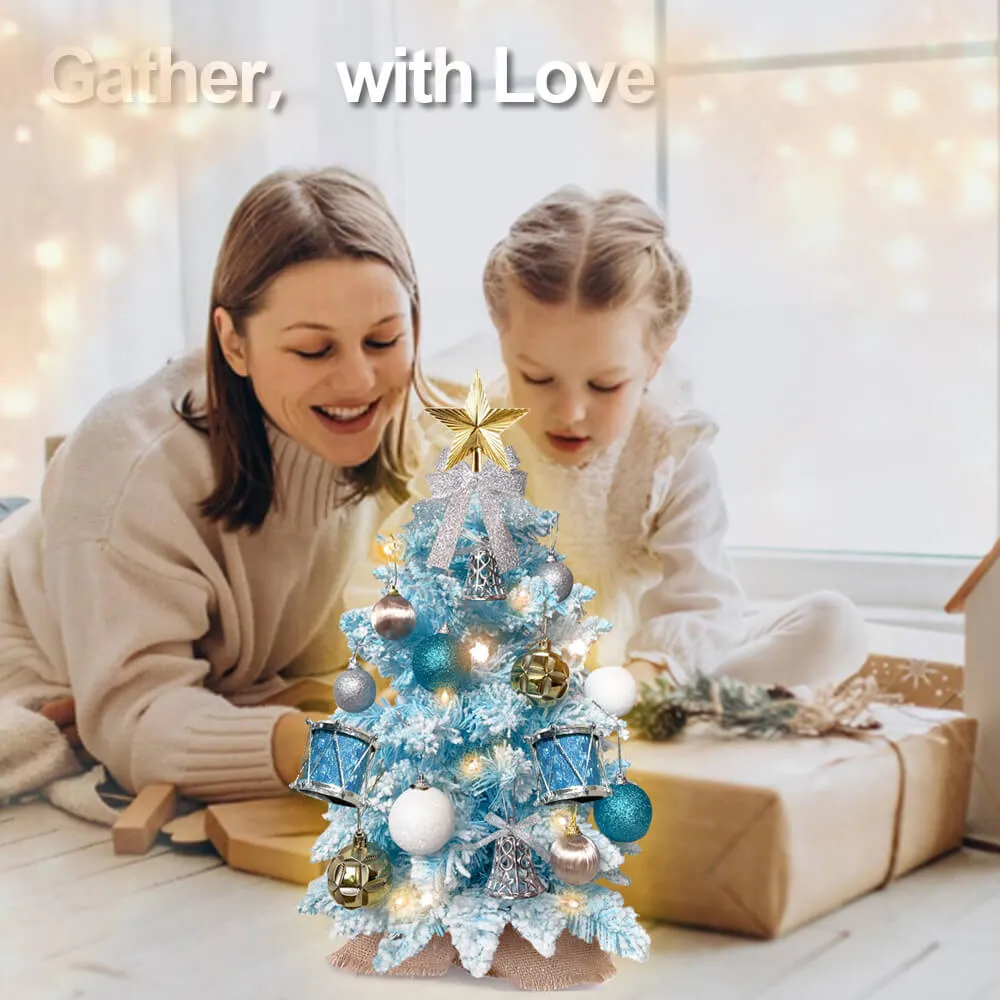 2ft Mini Christmas Tree With Light Artificial Small Table Blue Christmas Decoration With Flocked Snow, Exquisite Decor & Xmas Ornaments For Table Top For Home & Office