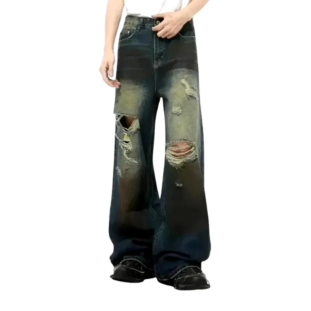 Baggy fashion distressed gradient jeans for men