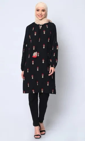 Beautiful Motifs Embroidered Black Tunic with Pockets