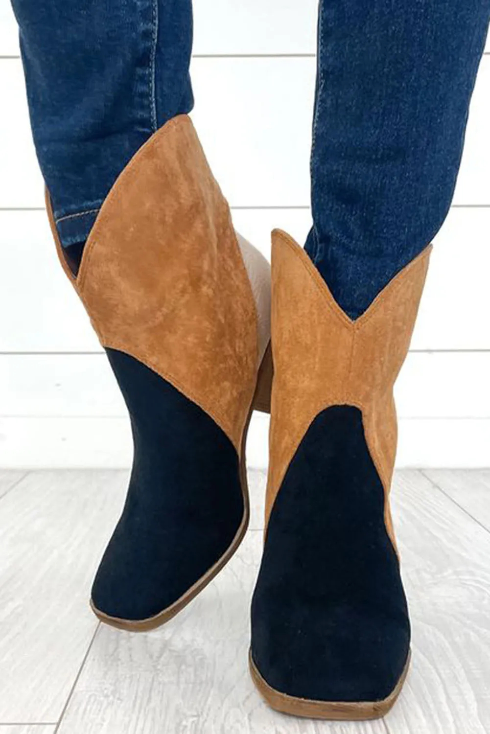 Black Colorblock Suede Heeled Ankle Booties