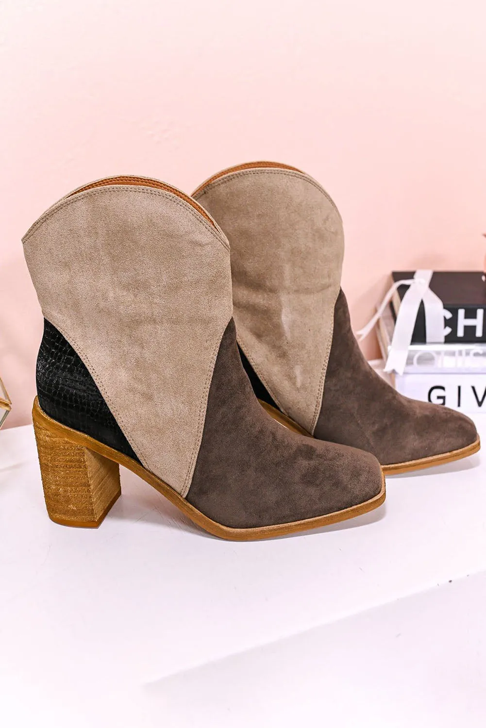 Black Colorblock Suede Heeled Ankle Booties