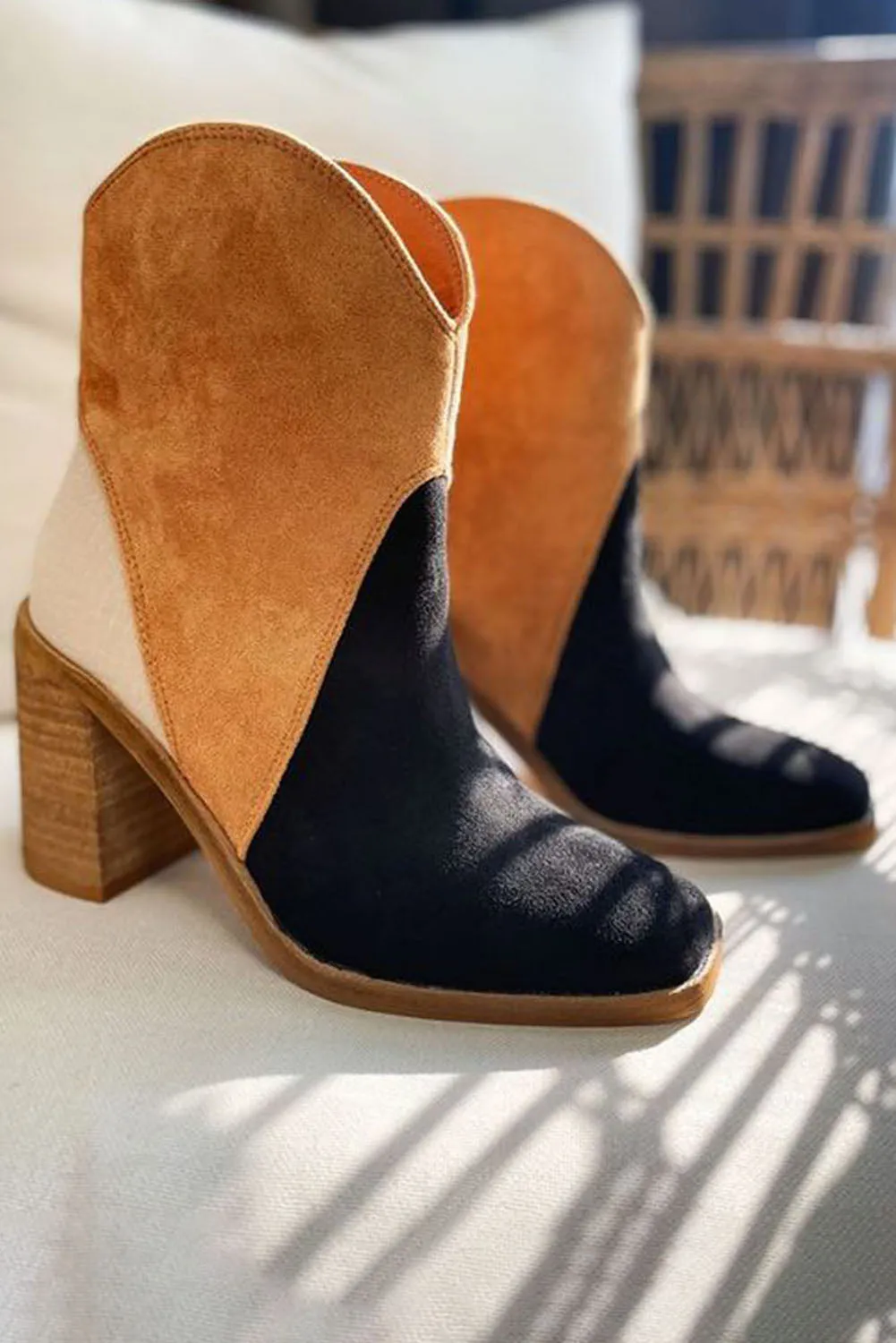 Black Colorblock Suede Heeled Ankle Booties