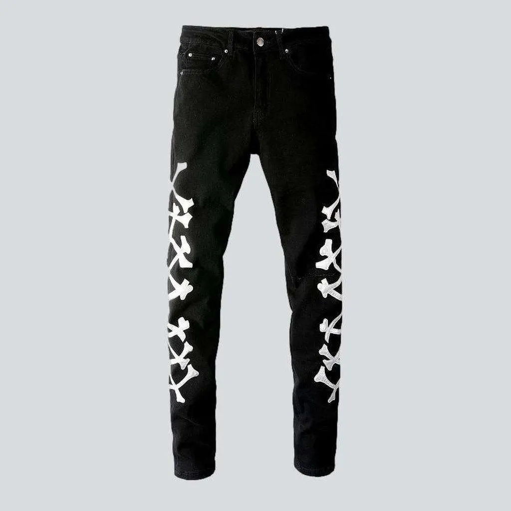 Bones embroidery ripped men jeans