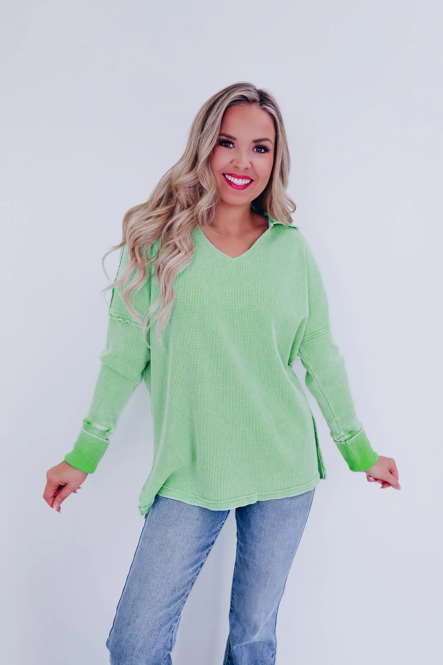 Casual Sophistication Waffle Knit Top - Lime Green