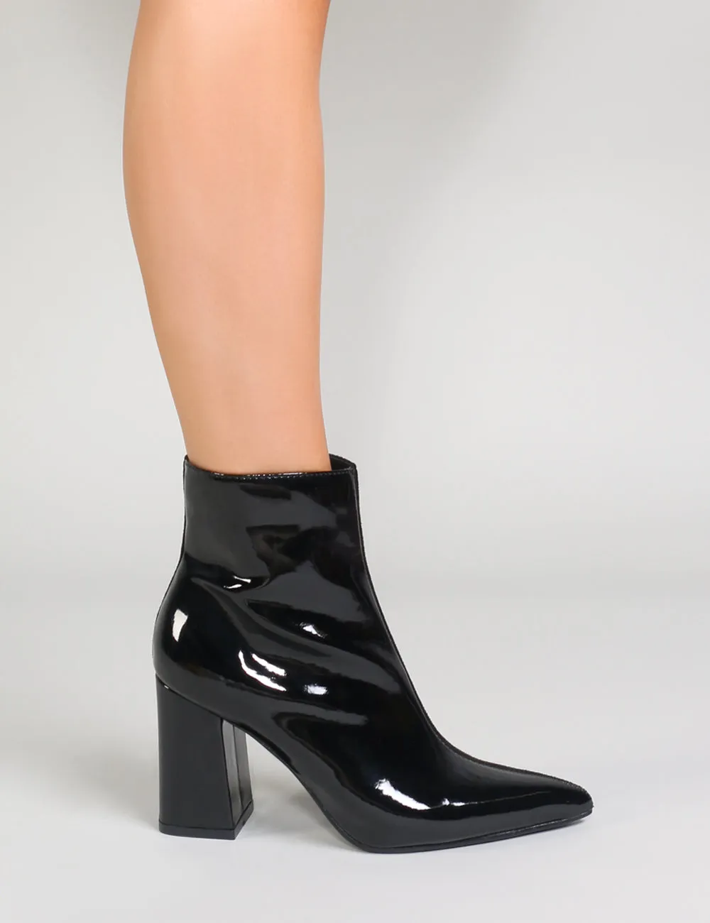 Chaos Contrast Pointed Toe Ankle Boots in Black Patent and Faux Suede