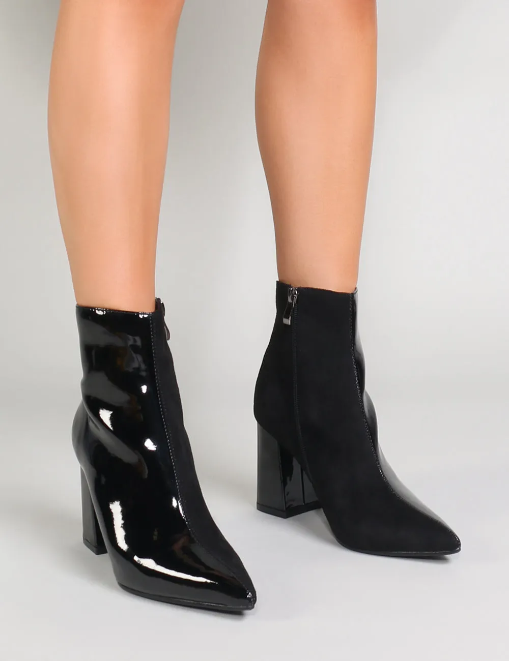 Chaos Contrast Pointed Toe Ankle Boots in Black Patent and Faux Suede