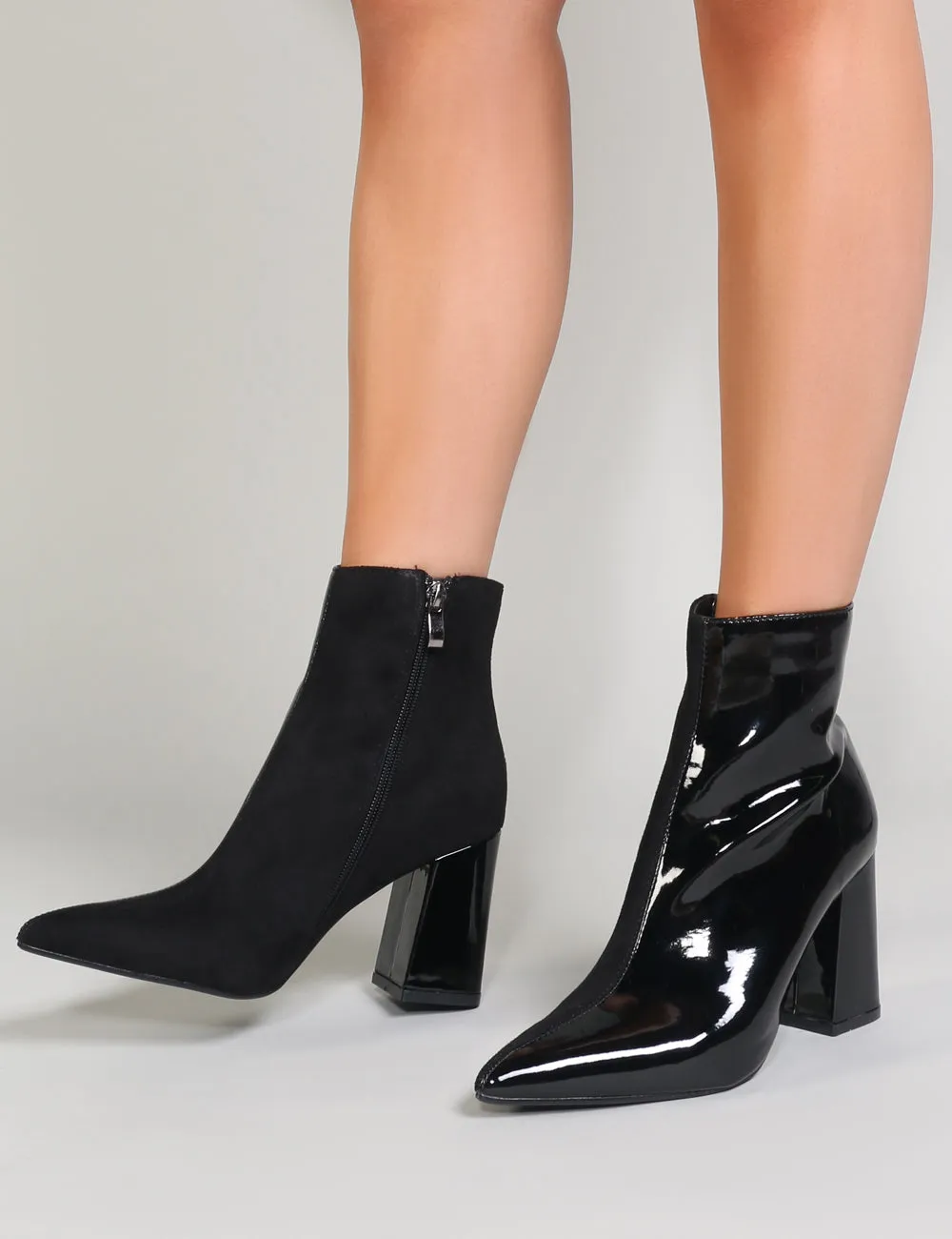 Chaos Contrast Pointed Toe Ankle Boots in Black Patent and Faux Suede