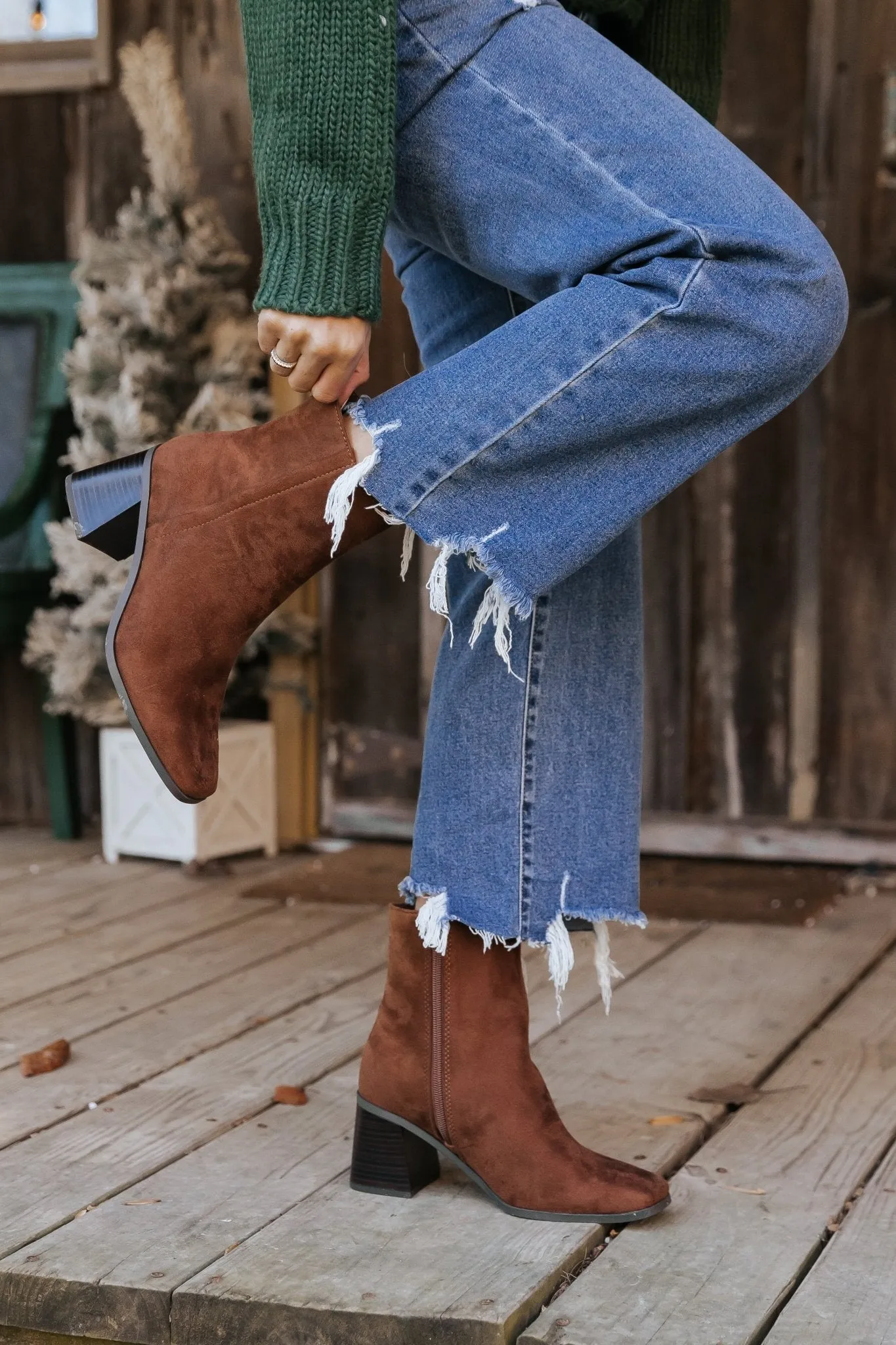 Chestnut Faux Suede Heeled Ankle Booties