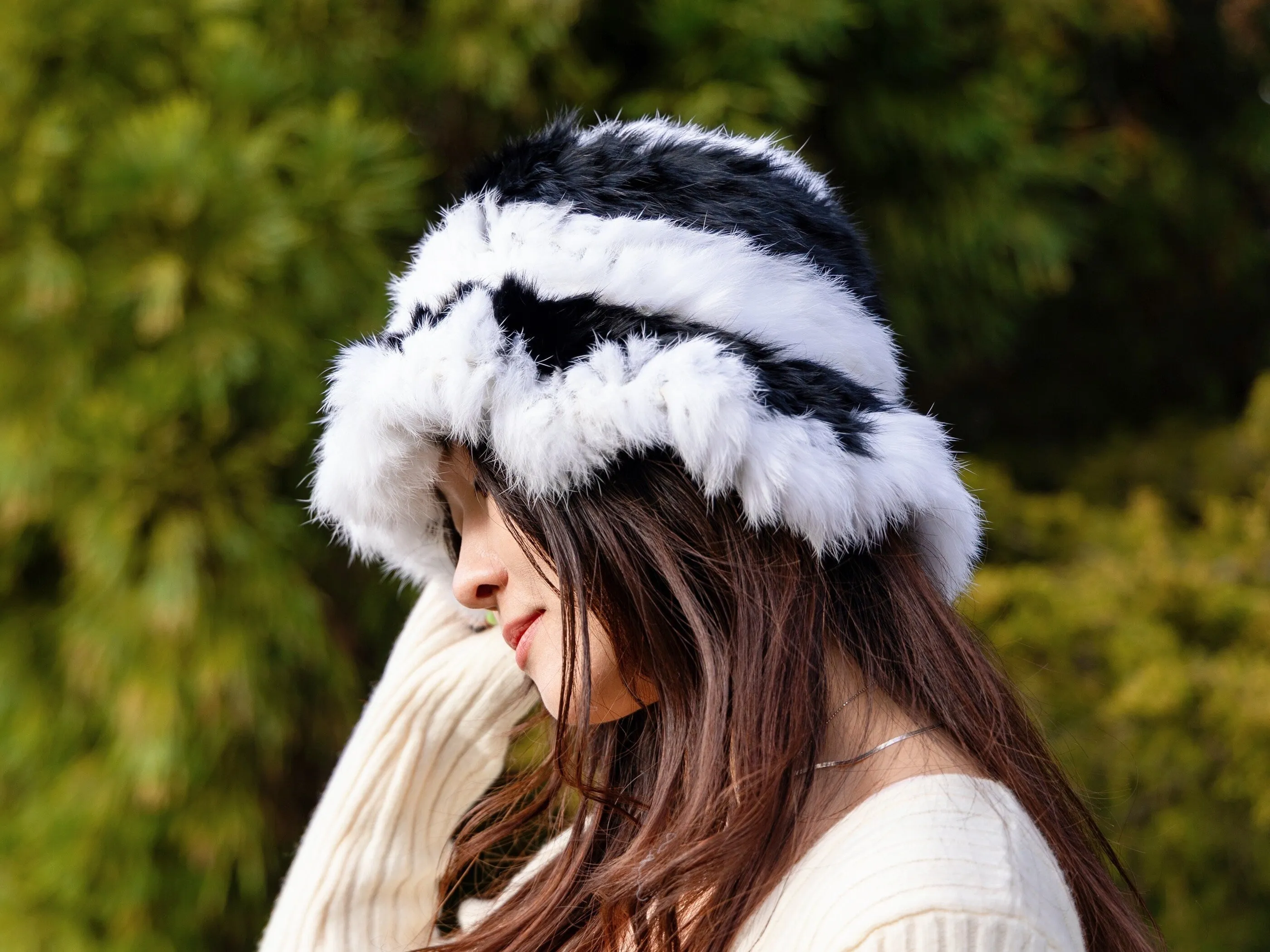 Chic Winter Fur Hat Knit Beanie, Elegant Winter Headwear, Stylish Cold-Weather Accessory, Sleek Fur Hat, Black & White Fur Beanie