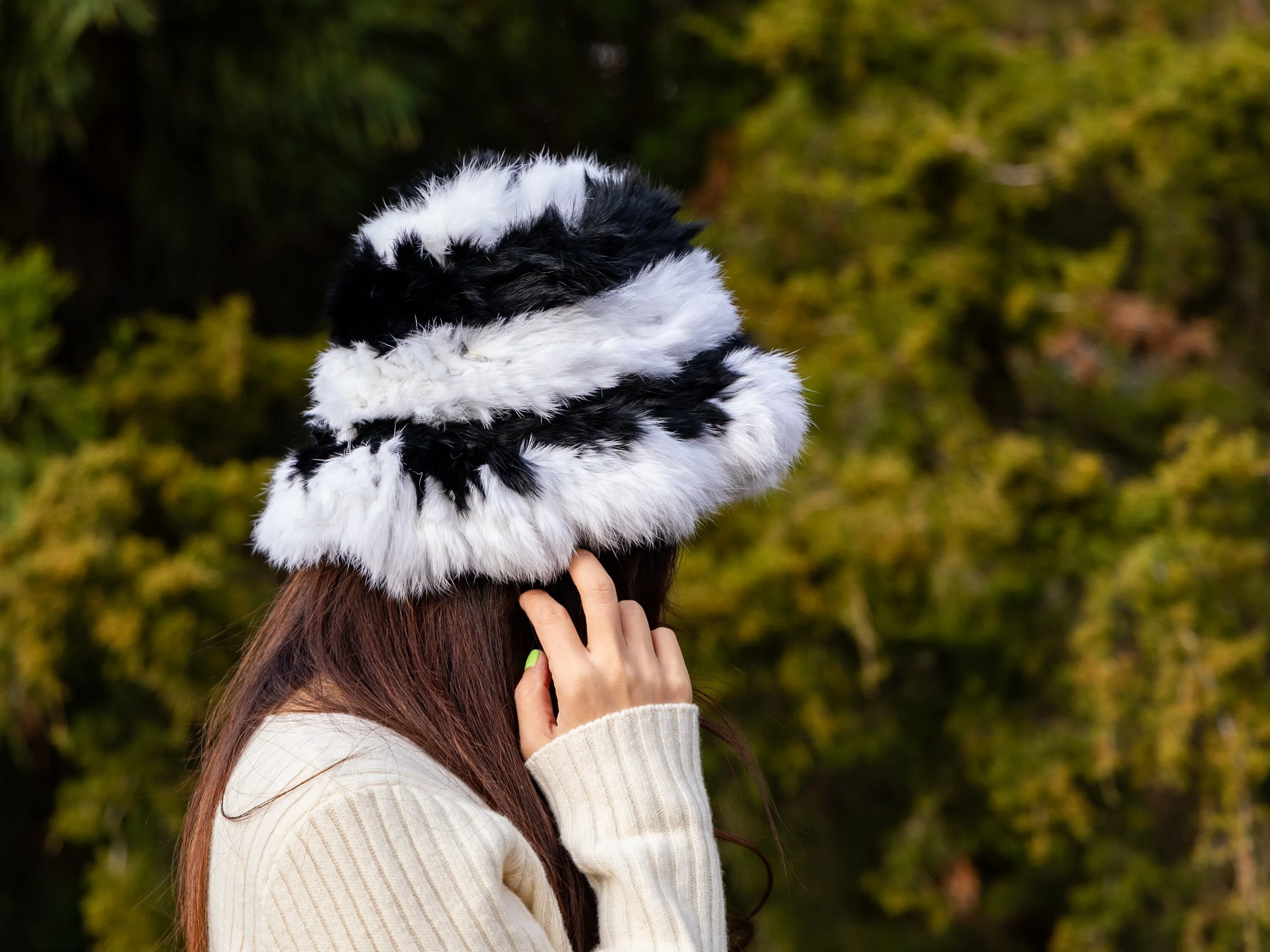 Chic Winter Fur Hat Knit Beanie, Elegant Winter Headwear, Stylish Cold-Weather Accessory, Sleek Fur Hat, Black & White Fur Beanie