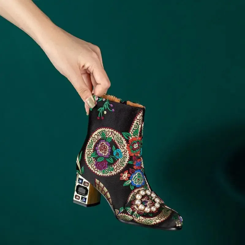 ChinaDoll- the Asian Inspired Satin Ankle Boots with Bejeweled Heels 3 Colors