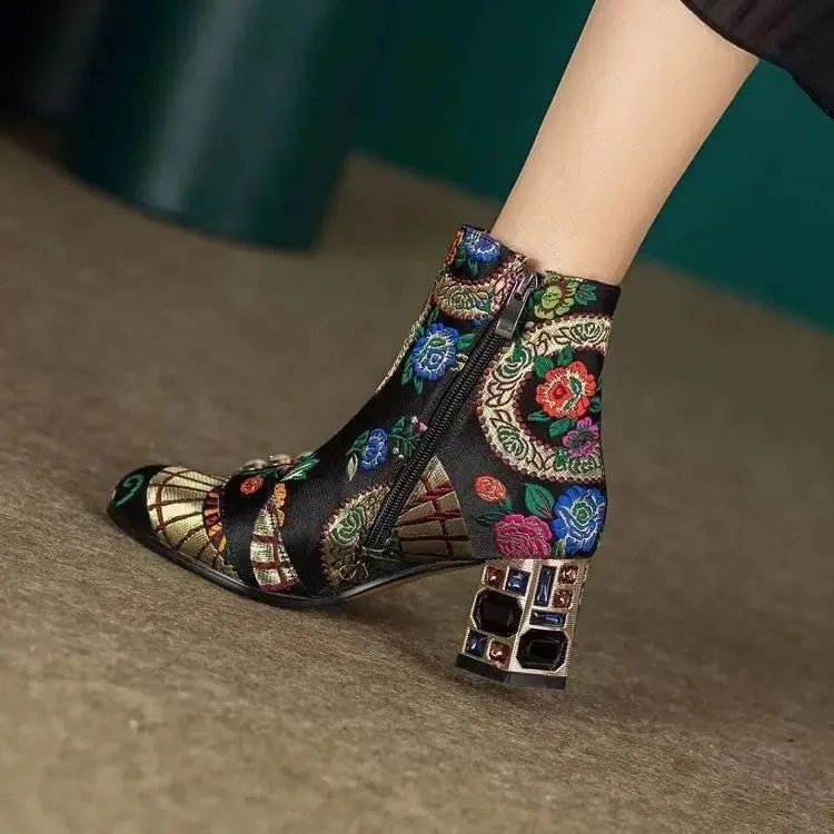 ChinaDoll- the Asian Inspired Satin Ankle Boots with Bejeweled Heels 3 Colors