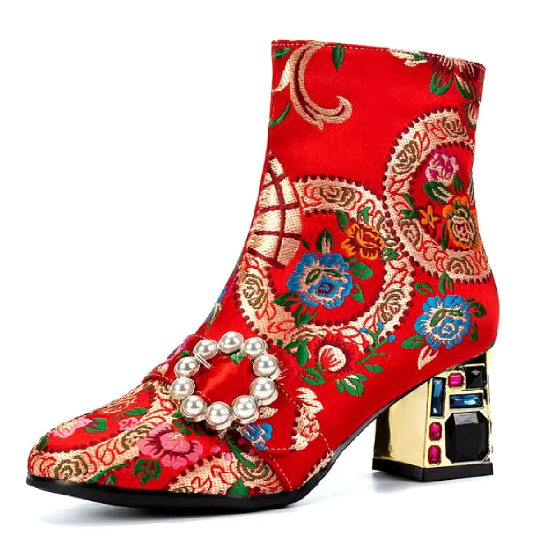 ChinaDoll- the Asian Inspired Satin Ankle Boots with Bejeweled Heels 3 Colors