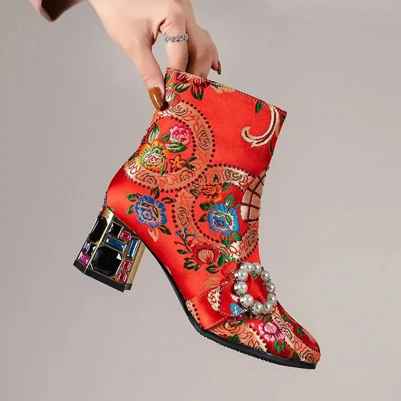 ChinaDoll- the Asian Inspired Satin Ankle Boots with Bejeweled Heels 3 Colors