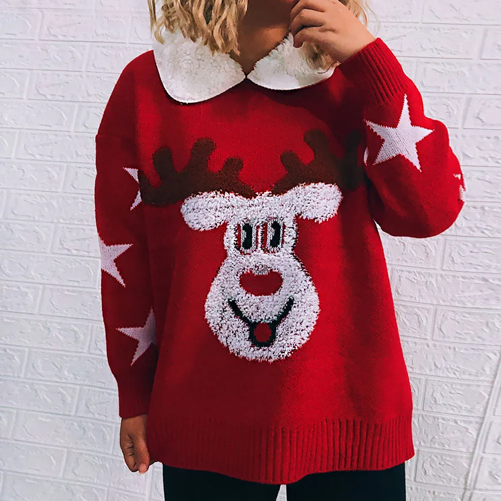 Christmas Fluffy Reindeer and Star Collared Pullover Sweater