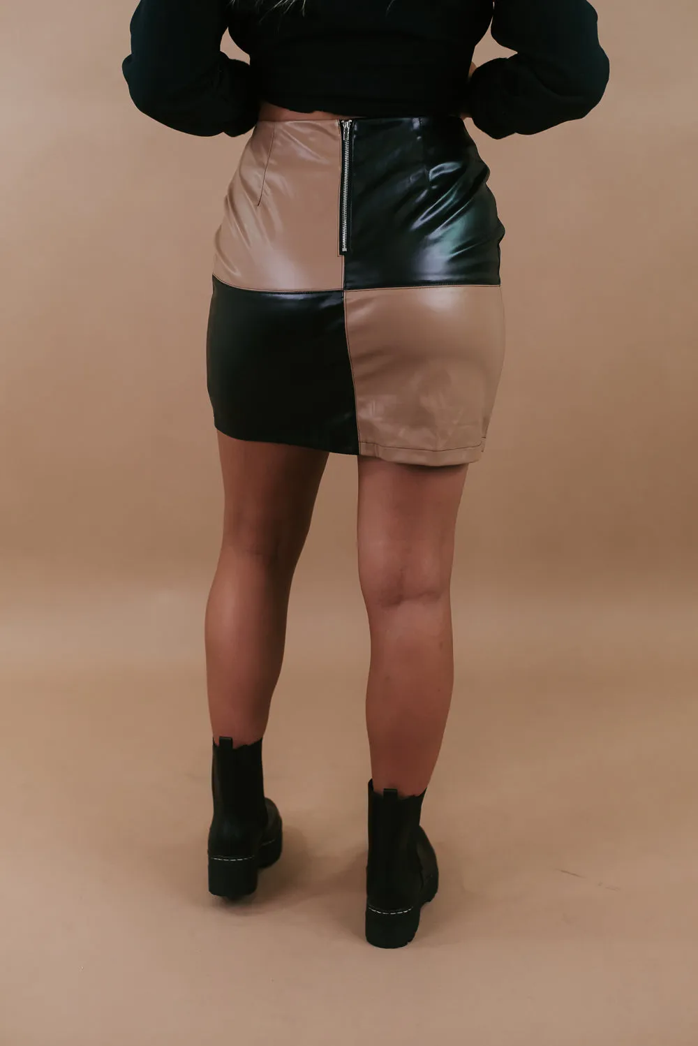 Colorblock Squared Leather Skirt