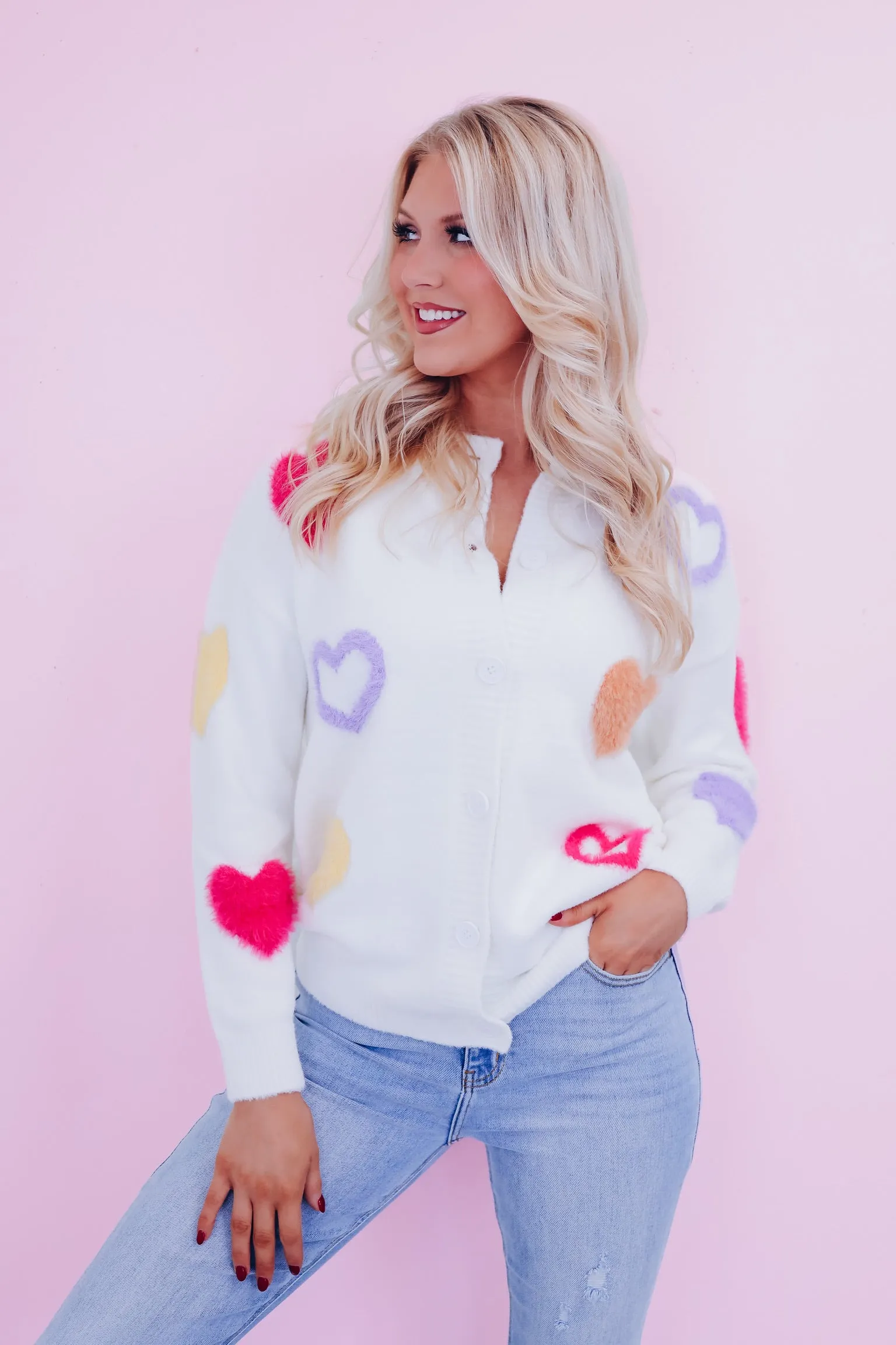 Colorful Heart Print Knit Cardigan