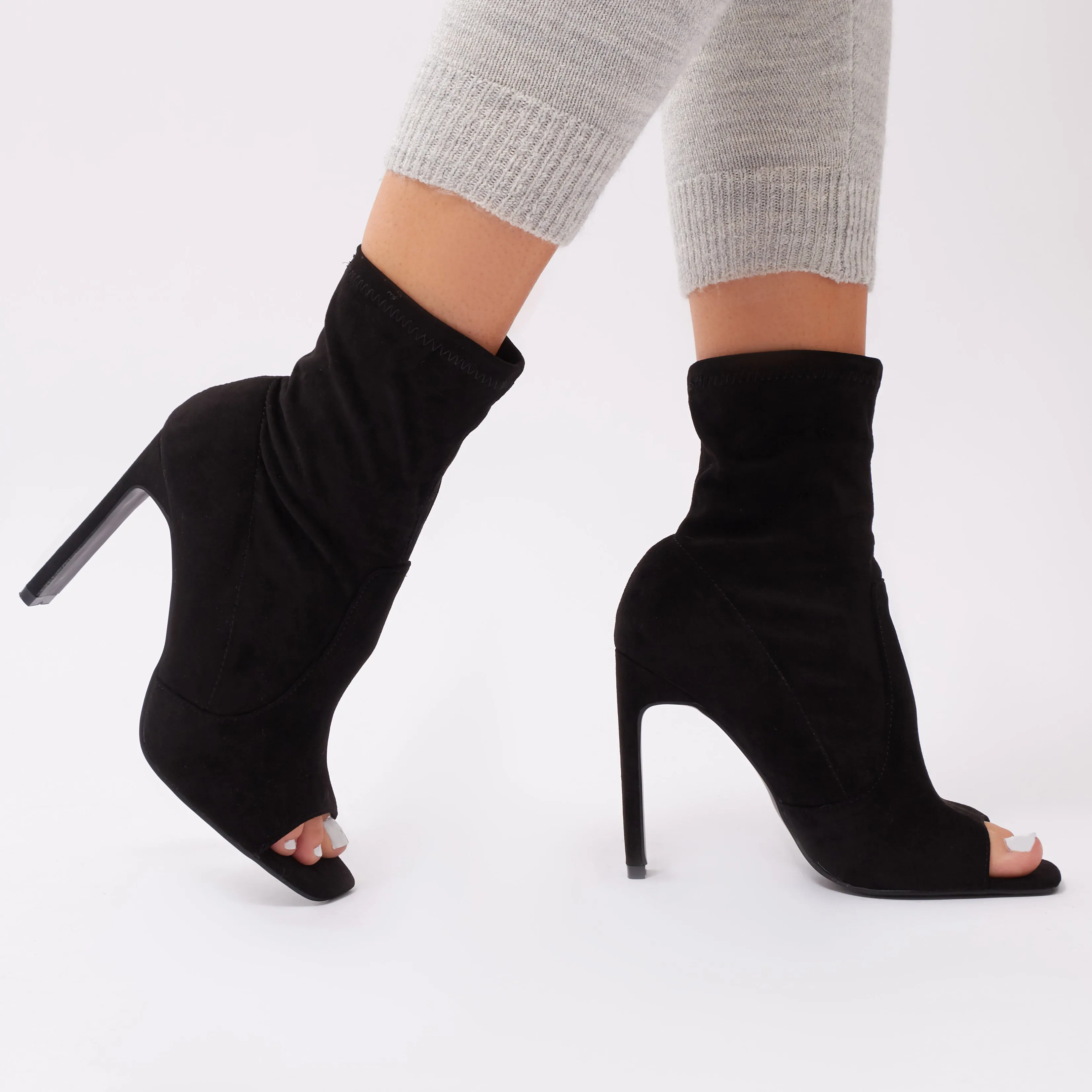 Craze Sock Fit Ankle Boots in Black Faux Suede