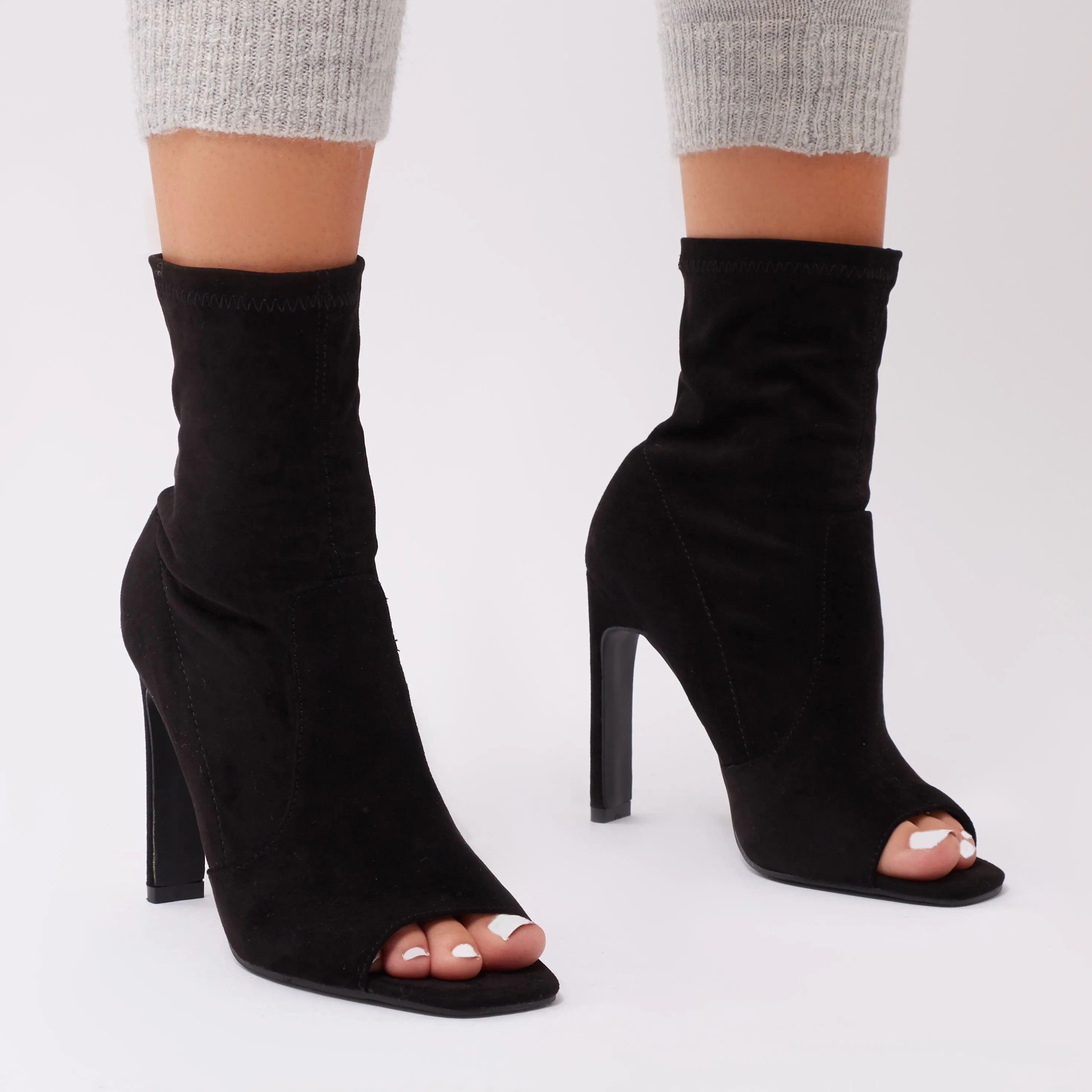 Craze Sock Fit Ankle Boots in Black Faux Suede