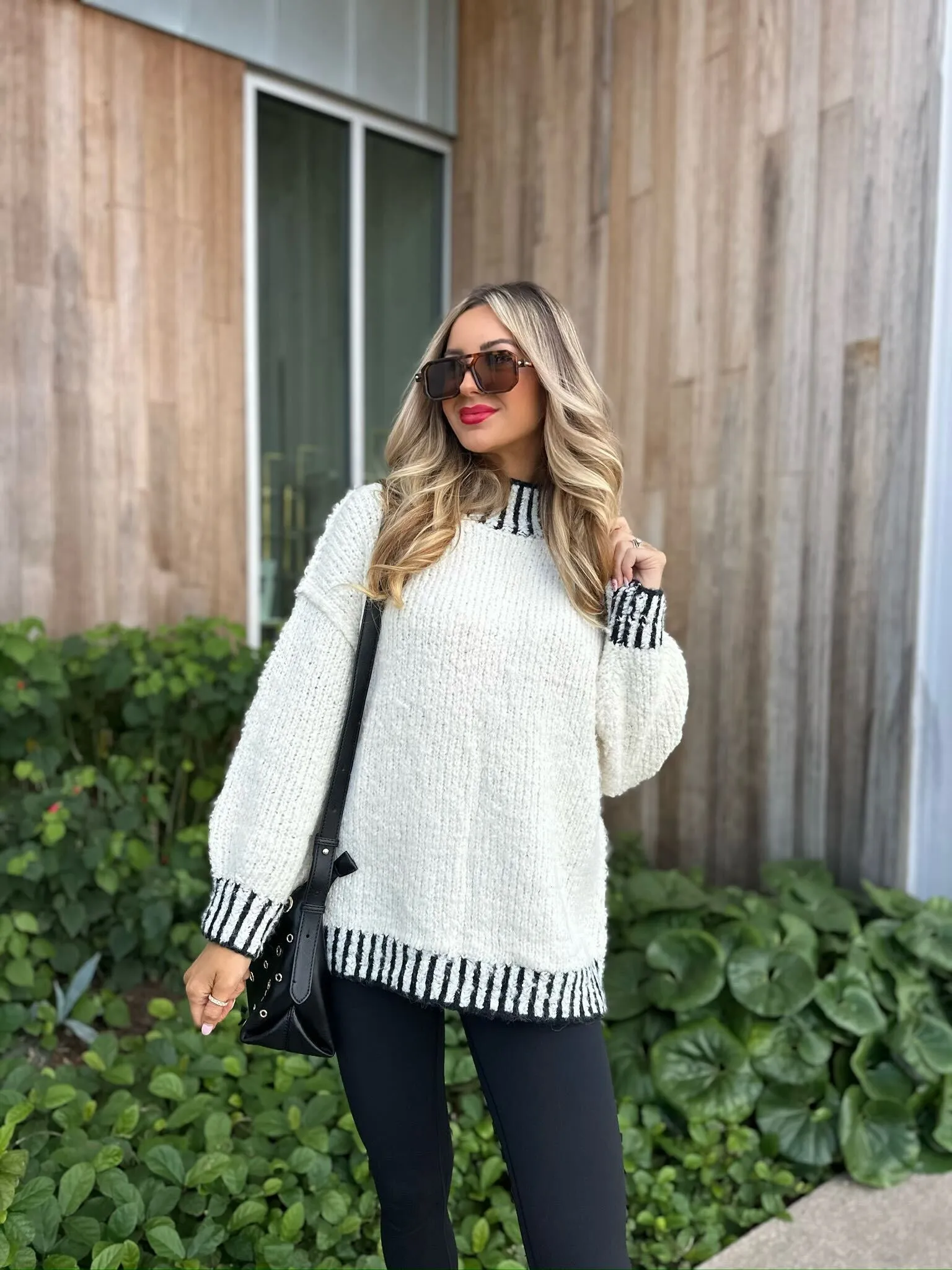 Cream and Black Contrast Stitch Sweater