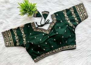 Dark Green Rajbhog Silk Embroidered Blouse with Handcrafted Detailing