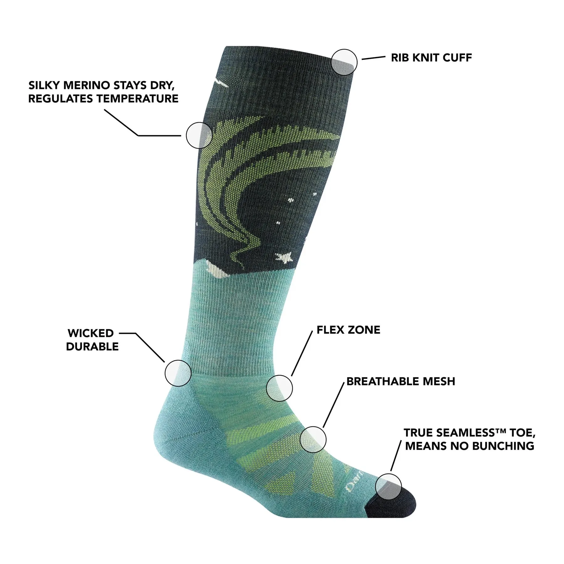 Darn Tough® Aurora Over-The-Calf Lightweight Ski & Snowboard Sock Aqua 8036