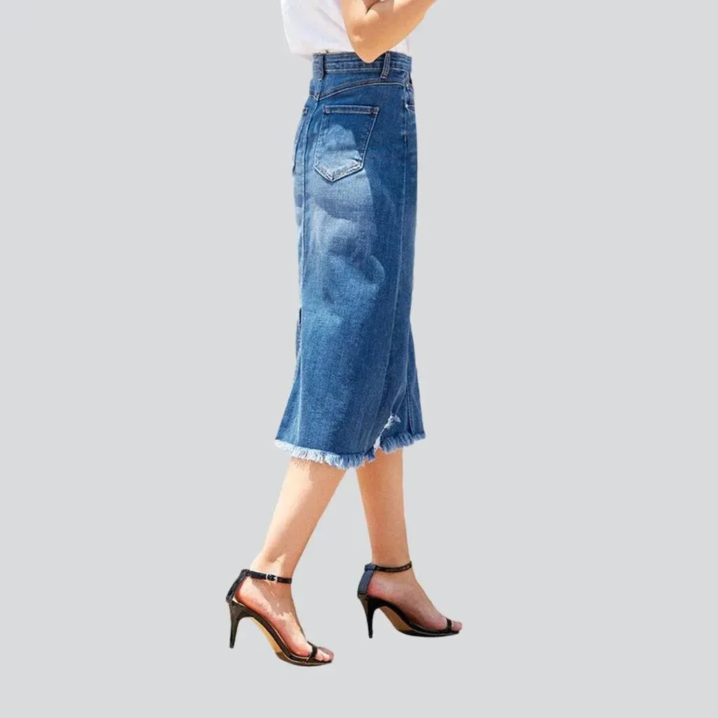 Distressed hem midi denim skirt