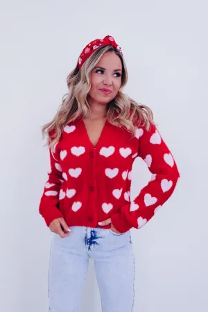 Elegant Eyelash Knit Heart Print Cardigan