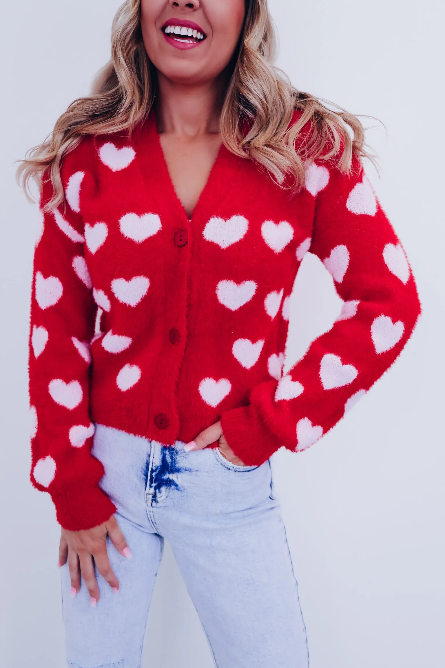 Elegant Eyelash Knit Heart Print Cardigan