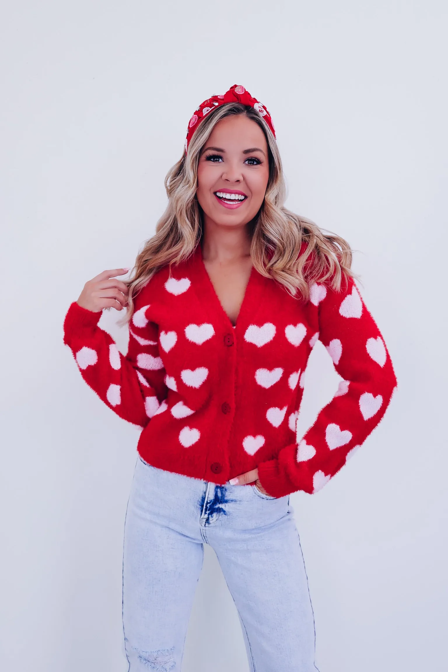 Elegant Eyelash Knit Heart Print Cardigan