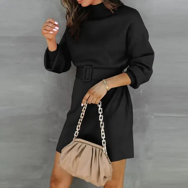 Elegant Turtleneck Sweater Dress with Belt^