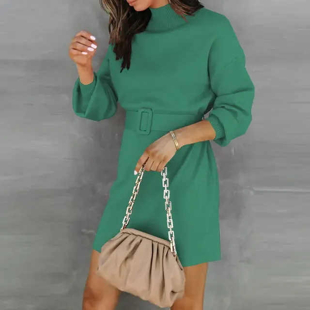 Elegant Turtleneck Sweater Dress with Belt^