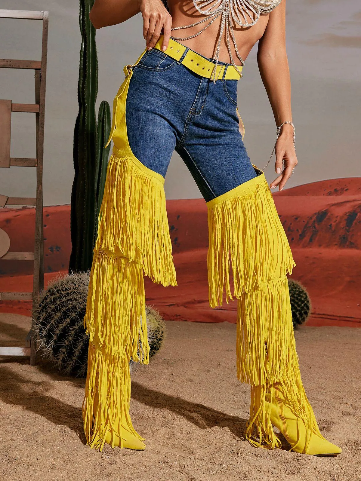 Eleni Denim Fringe Printed Boots In Yellow