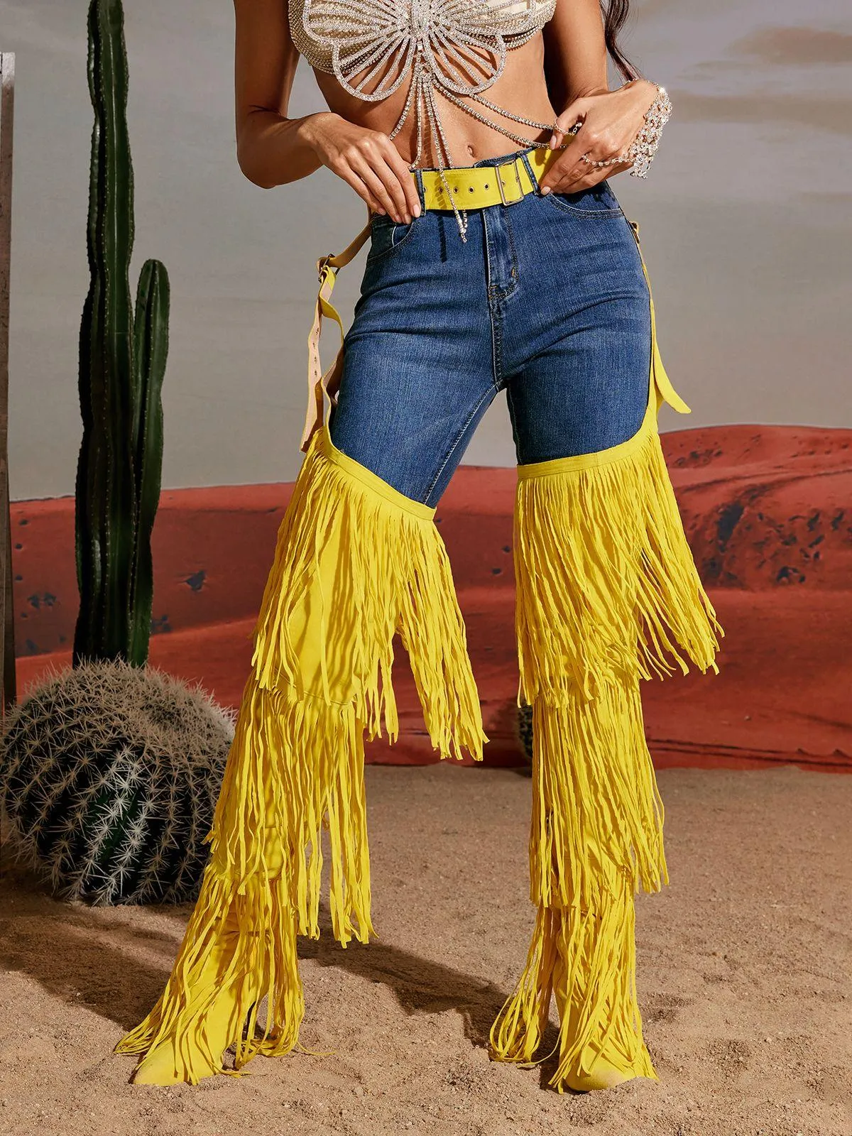 Eleni Denim Fringe Printed Boots In Yellow