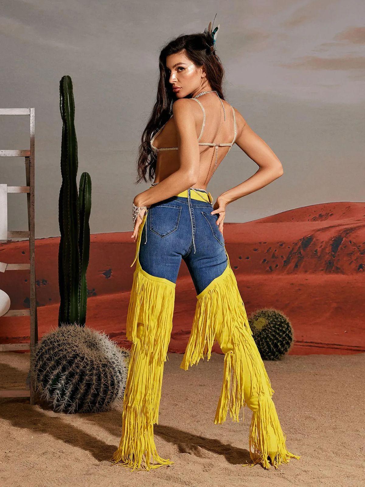 Eleni Denim Fringe Printed Boots In Yellow