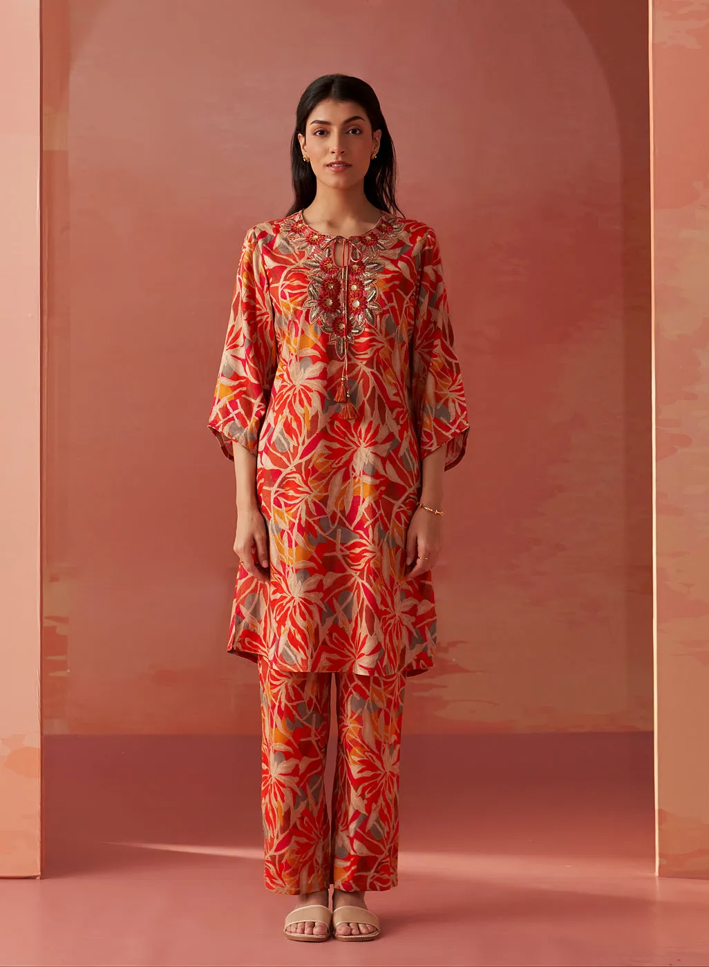 Emaira Orange Printed Rayon Co-ord Set for Women