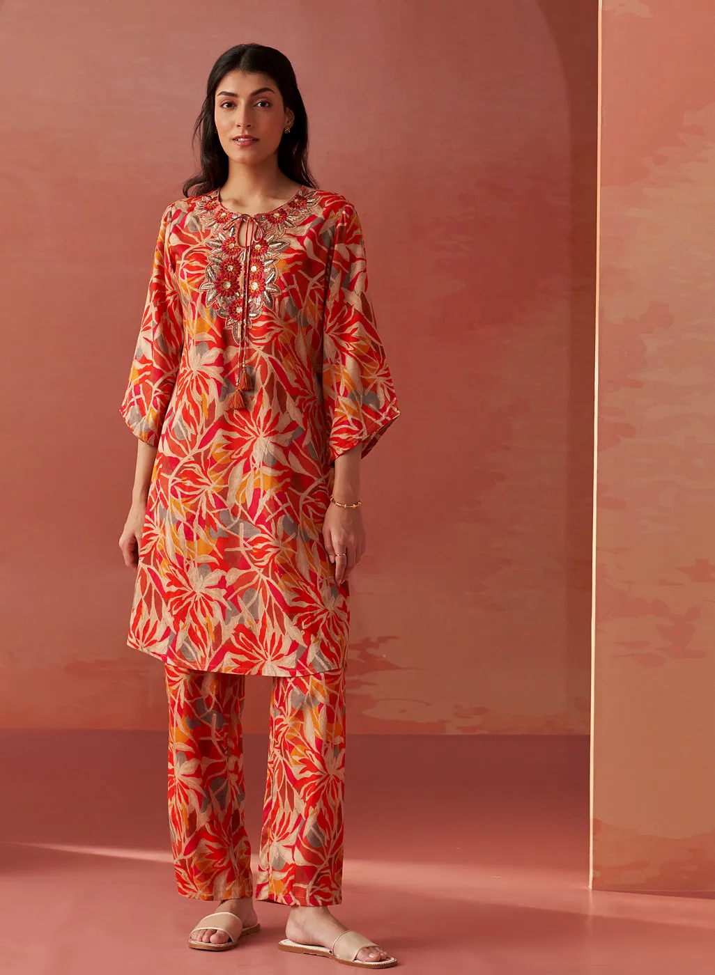 Emaira Orange Printed Rayon Co-ord Set for Women