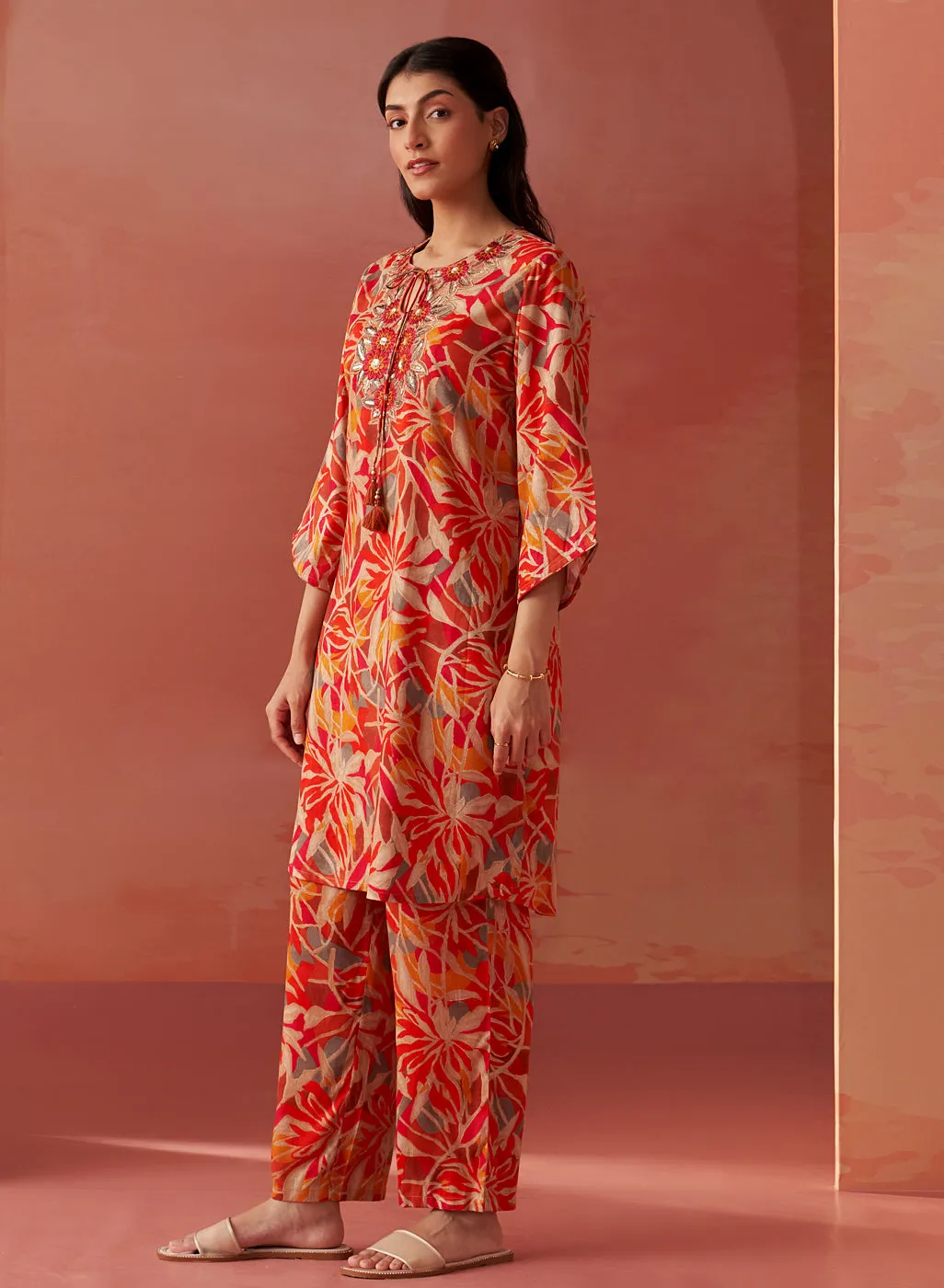 Emaira Orange Printed Rayon Co-ord Set for Women